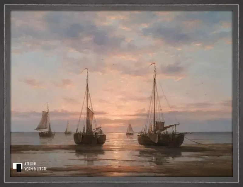 Schepen op het wad - Peter Sterkenburg - in sierlijst Caret wengé 18mm