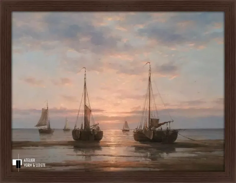 Schepen op het wad - Peter Sterkenburg - in sierlijst Procida Moma donkerbruin 21mm