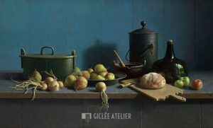 Stilleven met fruit en brood tegen blauw - Henk Helmantel