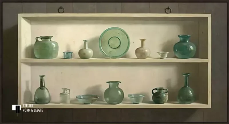 Romeins glas in kast - Helmantel - voorbeeld in Atelier zwart 10mm