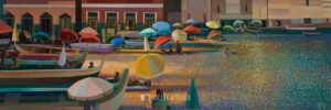 Kunstwerk van Ton Dubbeldam van een haventje met parasollen en bootjes, getiteld Baia del Silenzio.