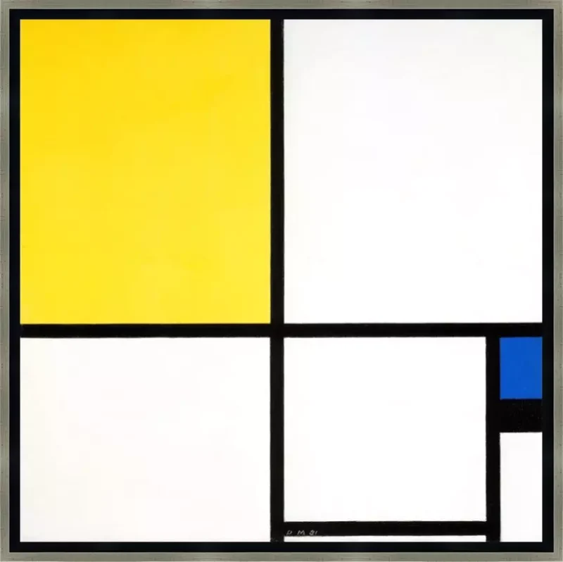Geel en blauw compositie - Piet Mondriaan - in baklijst Impact zwart-zilver 16mm met extra ruimte