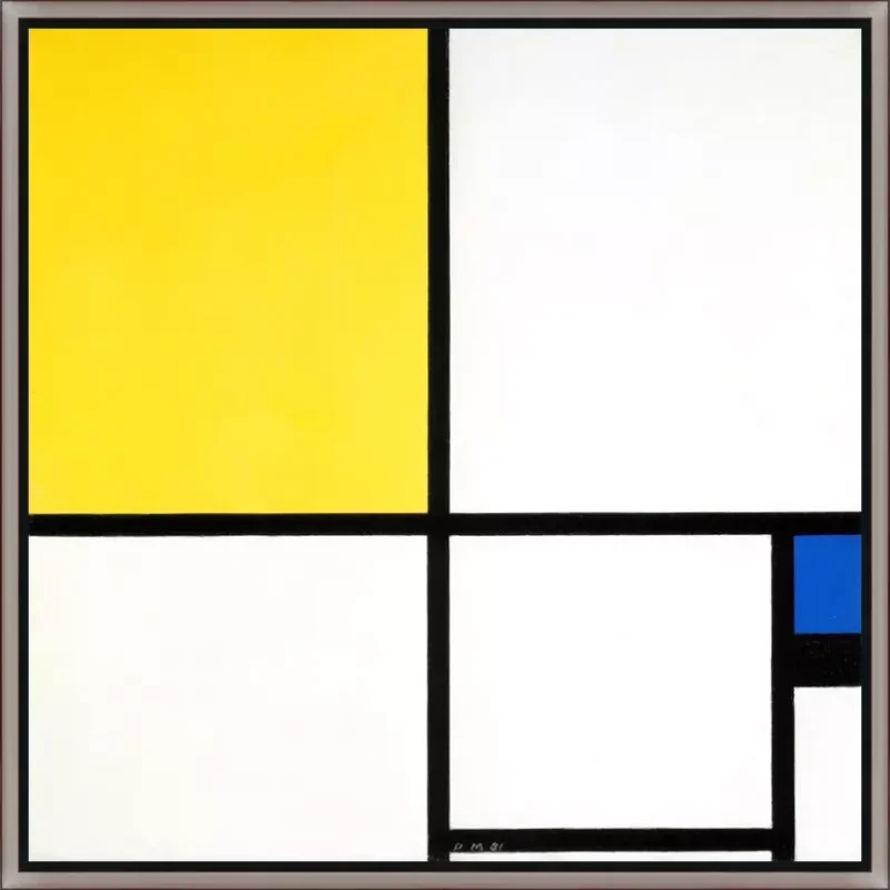 Geel en blauw compositie - Piet Mondriaan - in baklijst Majory zwart-zilver 24mm