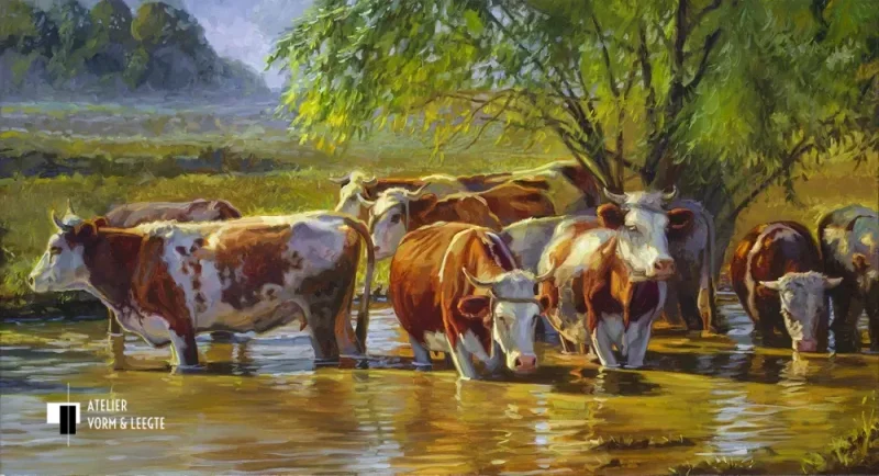 Roodbont vee onder wilg - Jan van 't Hoff - giclee op canvas