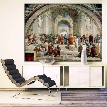De school van Athene van Raphael - aan de wand zonder lijst
