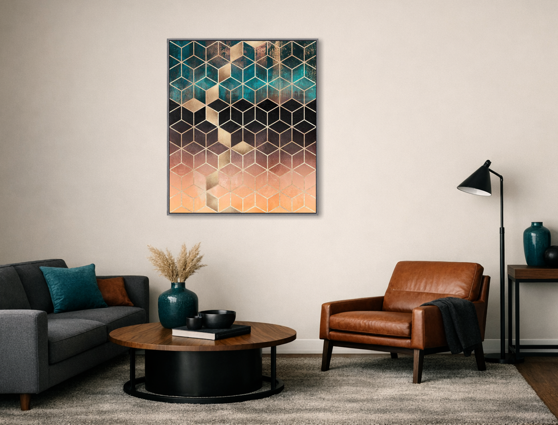 Ombre Dream Cubes van Elisabeth Fredriksson aan de wand